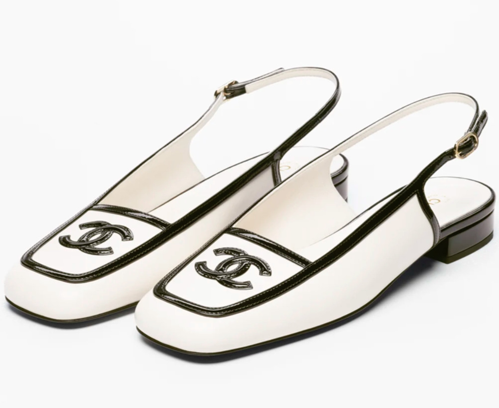 Chanel 26B White Black Square Toe CC Logo Slingback Ballet Ballerina Flat 39
